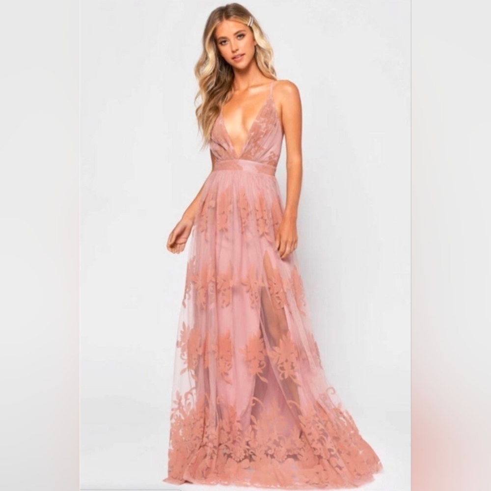 NEW STEPS Formal Floral Blush Mesh Net Maxi Dress Slits MEDIUM Prom Bridal Party
